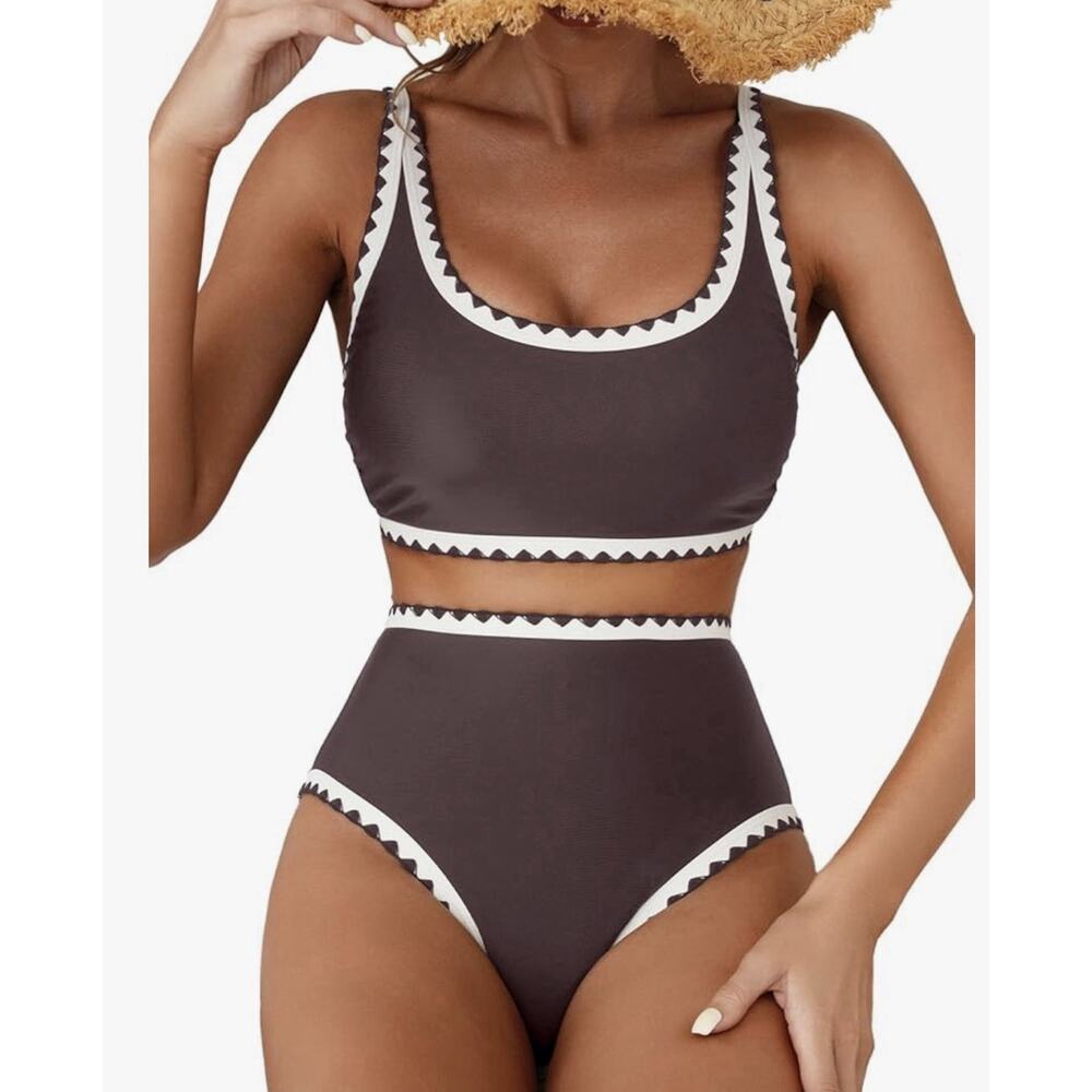 Herseas Women's Bikini Set Whip Stitch 2 Piece Swimsuit Brown Small